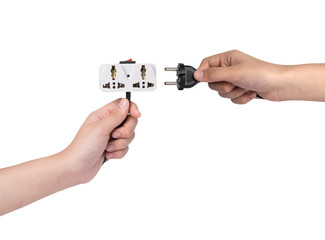 hand holding plug  isolated on white background