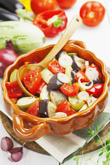 Steamed vegetables in the ceramic pot