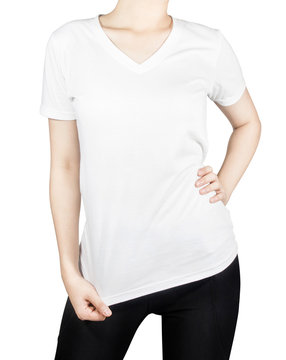 White T - shirt on woman body with front side isolated on white