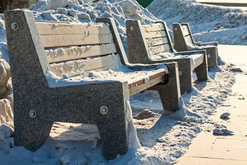 Frozen bench in park
