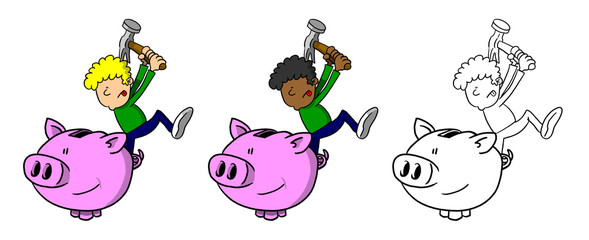 Multi-Racial Boy Smashing Piggy Bank