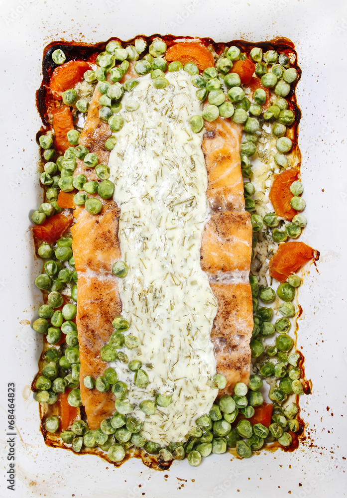 Canvas Prints roasted salmon with dill sauce and green peas