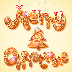 Merry Christmas gingerbread text and tree postcard