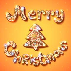 Merry Christmas gingerbread text and tree postcard