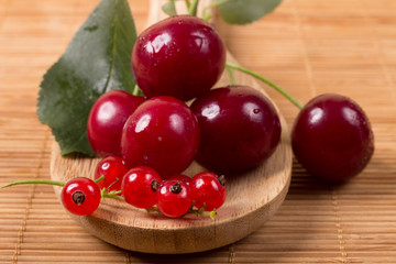 Cherry and currant on wooden spoon close up 