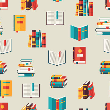 Seamless pattern with books in flat design style.