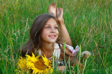 girl with yellow on green a meadow, emotions, lifestyle