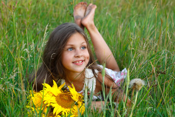 girl with yellow on green a meadow, emotions, lifestyle