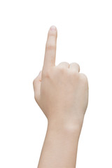 female hand touching screen isolated on white background.