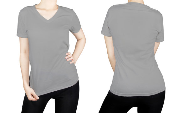 Grey T-shirt With Front And Back Side Isolated On White.