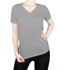 White T - shirt on woman body with front side isolated on white.