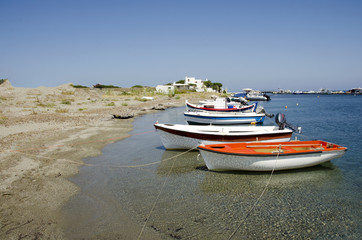 Tranquil scene os small fisherboats at the harbor of Skyros isla