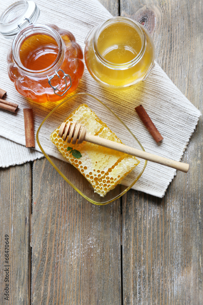 Sticker fresh honey on wooden table