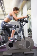 Fototapeta premium Fit brunette working out on the exercise bike