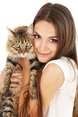 Beautiful young woman holding cat close up