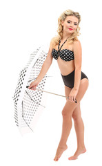 Beautiful glamour girl with umbrella, isolated on white