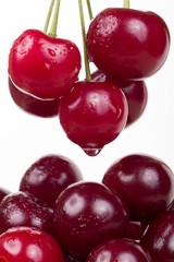 Basket with ripe cherry, currants and gooseberries isolated on w