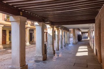 arcades in the streets of the old town in Alcala de Henares, Spa