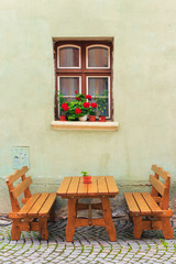 typical street cafe bar, Sighisoara, Romania