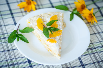 Waffle cake with peaches and cream