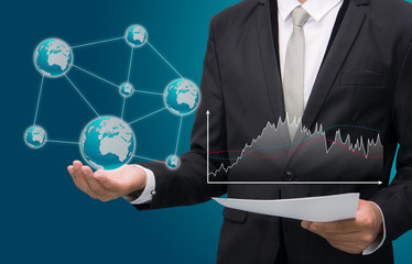 Businessman standing posture hand hold earth showing graph isola
