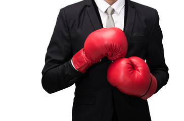 Businessman standing posture in boxing gloves isolated