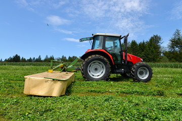 Organic farmer in tractor mowing clover field with rotary cutter
