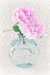 delicate pink peony flowers in a glass vase on the table.