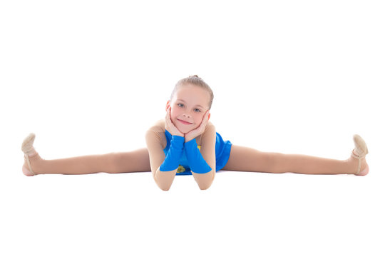 little girl in blue doing gymnastics isolated on white