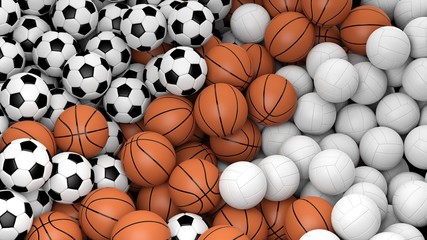 Naklejka premium Volleyball, basketball and soccer balls piled