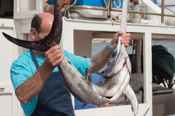 Man holding swordfish at sea port