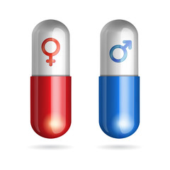 Blue and red pills with male female symbols