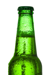 Green beer bottle with water drops over it