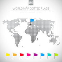 Set of 3D pin flags icons with dotted world map, vector illustra