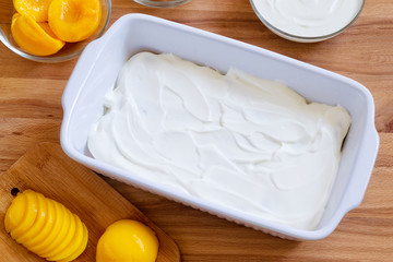 Homemade Biscuit Dessert with Canned Peaches and Mascarpone.