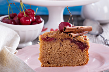 Cherry crumble coffee cake with cinnamon