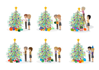 People Decorating Christmas Tree Set - Isolated On White