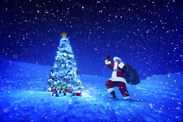 Fototapeta na wymiar Santa Claus Holding Lantern and Sack on Snow