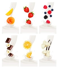Colorful fresh fruits falling into the milky splash. Vector illu