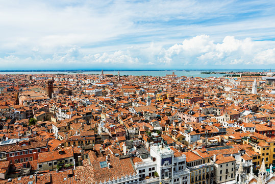 Aerial view of Venice. Houses, sea and palases from San Marco to