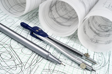 technical pen, compasses and drawings