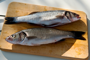 Two cleaned uncooked fresh bass