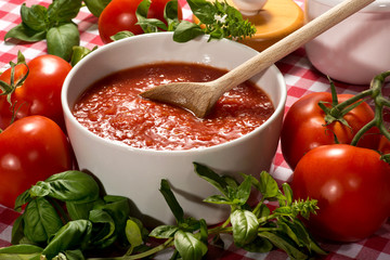 Bowl of fresh healthy homemade tomato puree