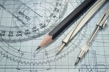 drawing, protractor, pencil and compasses