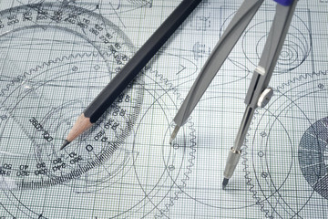 drawing, protractor and pencil