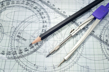 drawing, protractor, pencil and compasses