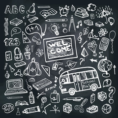 Back to School Supplies Sketchy chalkboard. Square Doodles