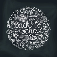 Back to School Supplies Sketchy chalkboard. Circle Doodles