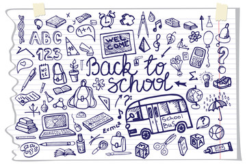 Back to School lettering,Supplies Sketchy Notebook Doodles.Horiz