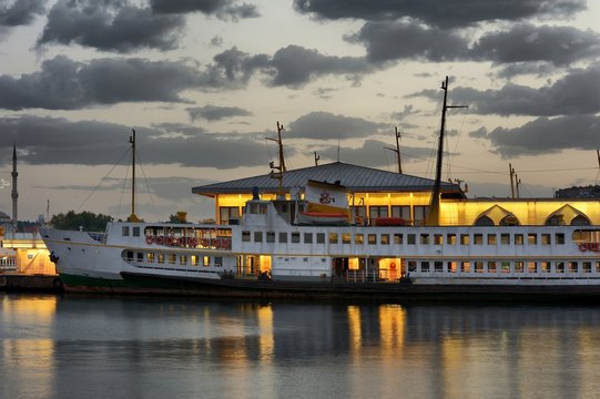 Classic ferryboat of Istanbul at the seaport in evening